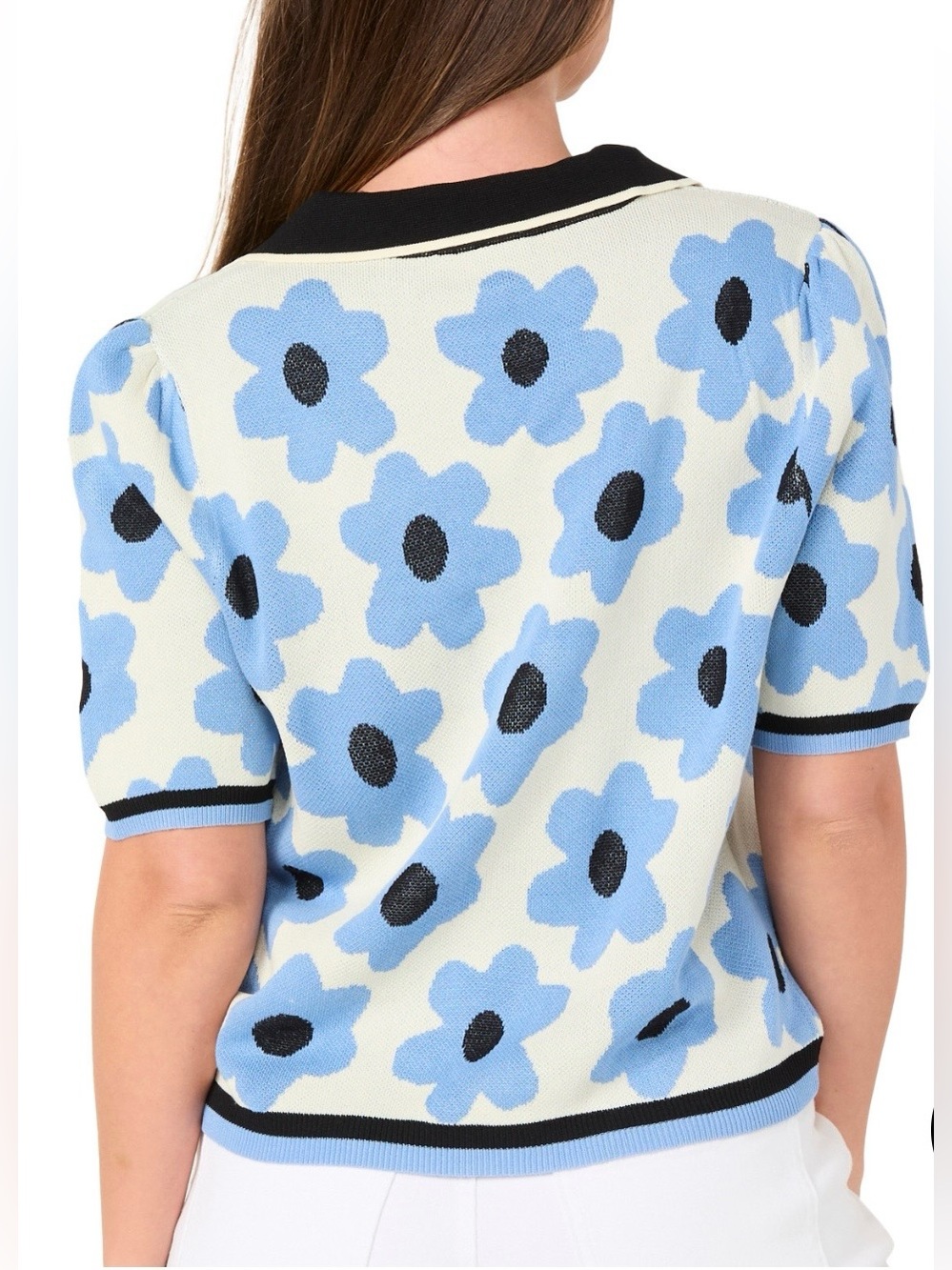 Nanette Lepore Floral Knit Polo Top - Light Blue/Black size L - Picture 2 of 3